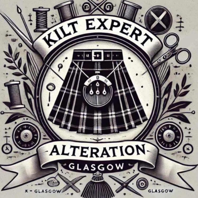 Logo featuring a kilt with sewing tools and "Kilt Expert Alteration Glasgow."